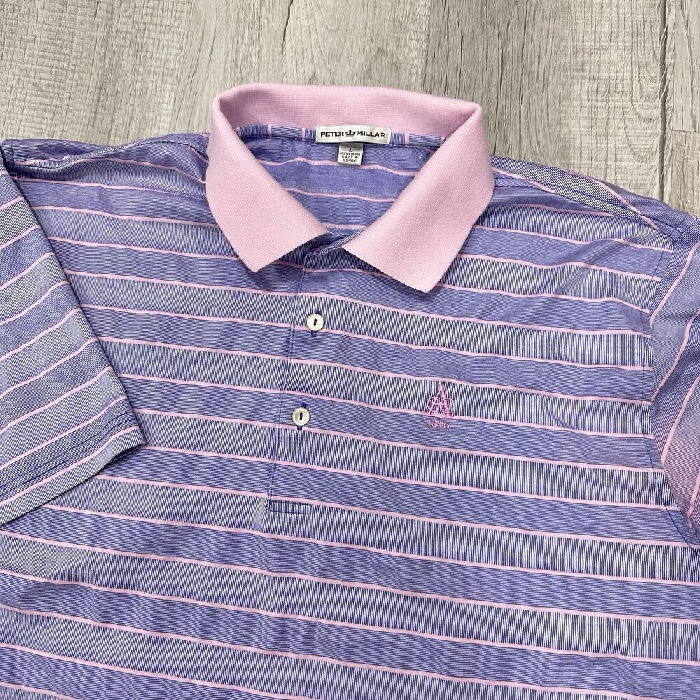 Peter Millar Polo Men's Large Pink Striped Performance Shirt Aronimink Golf Club